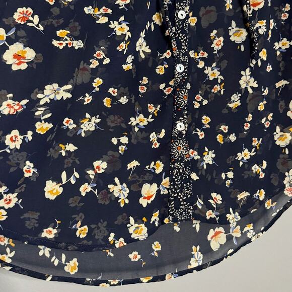 Love Stitch Large Blouse Sheer Floral Navy Button Ruffle Cap Sleeve Round Hem - Picture 4 of 5